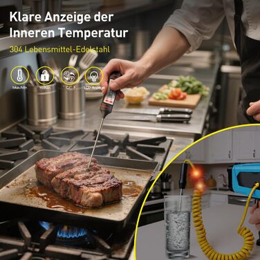 Інфрачервоний термометр Eventek -50°C до 600°C з лазером та LCD дисплеєм. Безконтактний термометр для піци, гриля, приготування їжі та промисловості. Регульований коефіцієнт випромінювання (Не для людей). Червоний з термометром для м'яса 304.