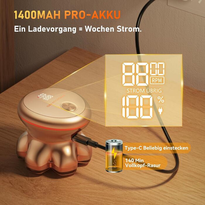 Професійний електричний стайлер для гоління голови 7D PRO Glatzen Rasierer для чоловіків. Водонепроникний (IPX6), з плаваючою головкою, акумулятор 1400mAh, швидкість 8800RPM, золота головка, USB-C, 0 мм