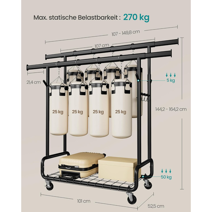 SONGMICS Стійка для одягу на коліщатках, важка, з 2 висувними штангами, регульована висота, з полицею та гачками, чорний HSR015B01