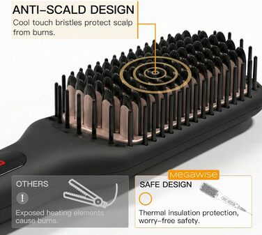 Плойка-щітка Megawise Pro Keramik з іонами - швидкий нагрів, захист від опіків, подвійна напруга, для домашнього використання (чорна)