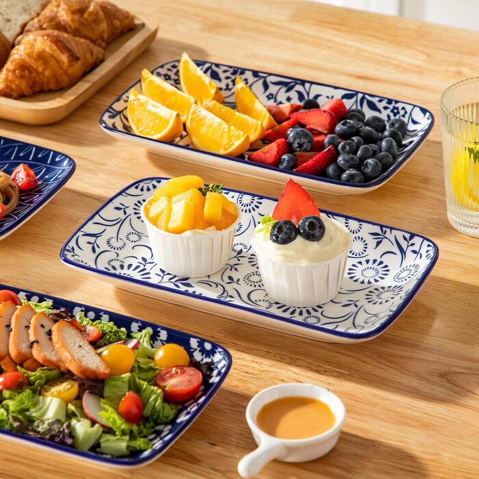 Набір сервірувальних тарілок Vancasso SELENE (6 шт.) - великі, прямокутні, порцелянові, для свят, сніданків, фуршетів, сирної тарілки, мікрохвильова піч та посудомийна машина, блакитно-білі