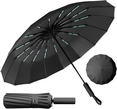 Стійкий до вітру парасолька: компактний автоматичний парасолька великого розміру з 16 ребрами, тефлонове покриття 210T, анти-UV, чорний