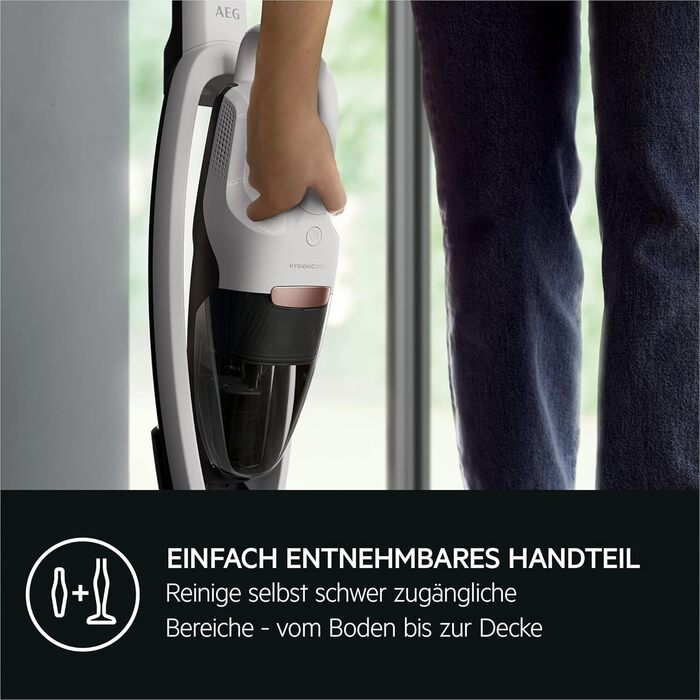 AEG HYGIENIC 5000 AS52HP25SH Cordless Vacuum Cleaner / 2in1 / Pleasantly Quiet at 80 dB(A) / 58% Recycled Material / Up to 55 Minutes of Runtime / Automatic / Self-Standing / Suitable for All Floors / Includes Accessories, White Model 2023 25.2V White Complete Accessories
