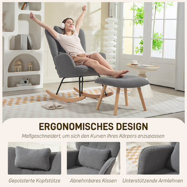 HOMCOM Rocking Chair with Ottoman, Soft Fleece Upholstery, Wooden Legs, Cushion, High Back, Rocker, Dark Grey