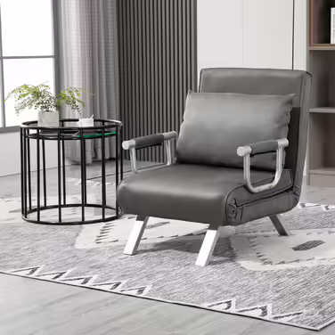 HOMCOM 3-in-1 Sleeper Sofa, Convertible Sleeper Chair, Guest Bed, Folding Mattress, Chaise Lounge, 65x69x80cm, Faux Leather, Grey