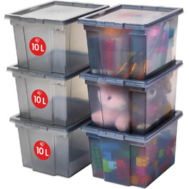 Iris Ohyama Versatile Storage Boxes, 30L, 6-Piece Set, Easy-Closing Lid, Stackable, Plastic, For Closet, Shelves, Organization, Clothing, Bedding, Garage, USB-M (Gray, 10L / 6-Piece Set)
