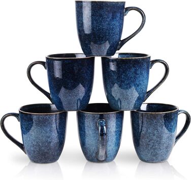 Vicrays Porcelain Mug Set of 6 - 350 ml Cup with Handle Dishware Mugs - Blue Coffee Mugs Suitable for Dishwasher & Microwave