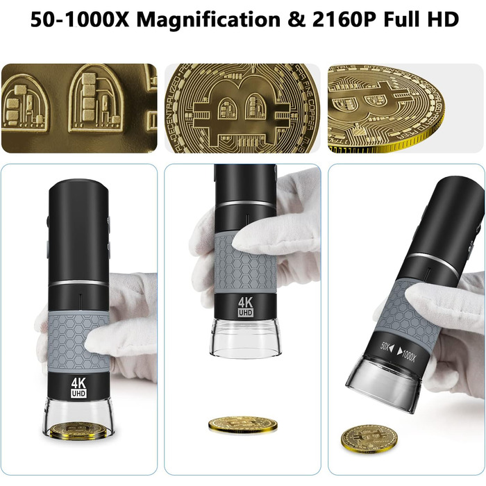 Цифровий мікроскоп Bysameyee 4K з бездротовим підключенням, 40x-1000x збільшення, USB ендоскоп для інспекції, сумісний з iPhone, iPad, Android, Windows, Mac, PC