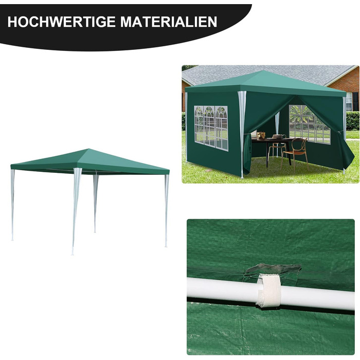 Waterproof Garden Pavilion, Gazebo, Stable and Winter-Proof with 4 Side Panels and Windows, Garden Party Tent with UV Protection 50+ for Parties, Market Stalls, Flea Markets, and Camping, Green, 3x3m