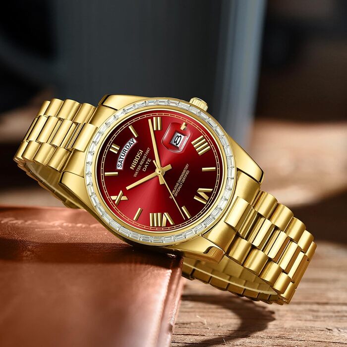 Годинник NIBOSI для чоловіків: аналоговий кварцовий годинник з діамантовою лускою, сталевий циферблат рожевого золота, срібний, водонепроникний, бізнес-стиль, класичний годинник з датою та індикатором дня тижня (золотий, червоний)