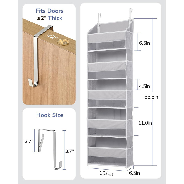 Органайзер для дверей ULG з 5 великими та 10 сітчастими кишенями, вантажопідйомність 20 кг, для спальні, ванної, кухні (сірий)