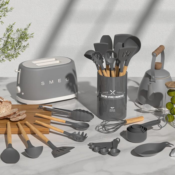 Набір кухонних аксесуарів Umite Chef, 33 шт., антипригарне покриття, силікон, з держателем, сірий