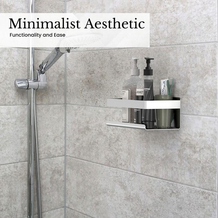 INTIRILIFE Self-Adhesive Shower Shelf in Silver - 23 x 10.5 x 8 cm - Shower Shelf No Drilling, Shampoo Holder Shower Basket Wall Mounting Bathroom Accessories Basket - Rustproof, Stainless Steel Shelf for Bathroom and Kitchen