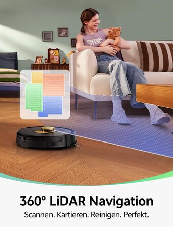 Робот-пилосос Vexilar W9 з функцією миття підлоги, LiDAR-навігація, 5000Pa, 5 карт, 15 зон заборони, керування через додаток, для твердих підлог та килимів, видалення шерсті тварин