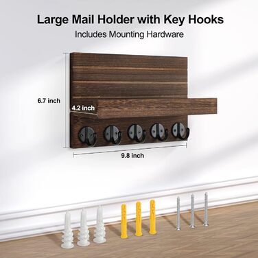 Key holder for wall, decorative key and mail holder with shelf has large key hooks for bags, coats – Paulownia wood key hanger with mounting material (24 cm W x 17 cm)