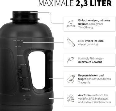Фітнес-пляшка 720°DGREE uberBottle Jug 2300 мл з ручкою, BPA-Free, протікає, велика спортивна пляшка для води для тренувань, спортзалу, чорна Crystalclear