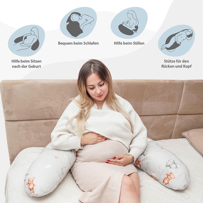 Подушка для вагітних Totsy Baby Stillkissen XXL - для годування та сну, 190 см, бавовна Oeko-Tex, бежевий колір з білими зірками