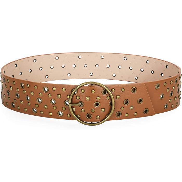 Жіночий широкий пояс JasGood з прорізними заклепками та круглою пряжкою, пояс з заклепками, пояс для талії для вінтажних джинсів, штанів, суконь. Підходить для талії до 88 см (Колір: Коричневий)