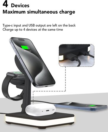 Бездротовий зарядний пристрій 4-в-1 з підсвічуванням та USB-портом для Apple iPhone, iWatch, AirPods (Чорний)