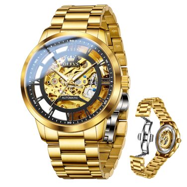 Чоловічий годинник OLEVS Tourbillon автоматичний механічний, люксовий класичний годинник зі сталевим ремінцем, водонепроникний, підсвічування (Золотий ремінець, чорний циферблат)