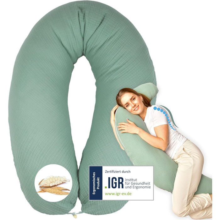 sei Design XXL Pregnancy Pillow Microbeads 190x30 - Pregnancy Pillow Side Sleeper Pillow Baby Comfort Pillow Adult - Ergonomic with Cotton Muslin Natural Cover