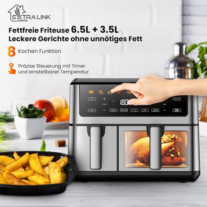 Фритюрниця Extralink 1400W з гарячим повітрям, 4.2L, 10 функцій приготування, LED-дисплей, економна, 90% менше жиру