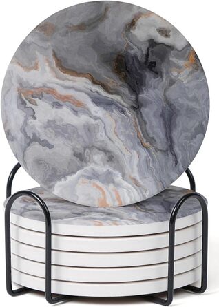 6-Piece Abstract Dark Blue Marble Coasters with Holder, Absorbent Ceramic Coasters for Drinks, Coasters with Cork Back for Table Protection, Housewarming Gifts