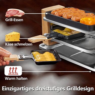Електричний міні-гриль Raclette COKLAI на 2 особи, антипригарна рифлена пластина, 2 сковорідки та дерев'яна лопатка, 300 Вт, натуральне дерево