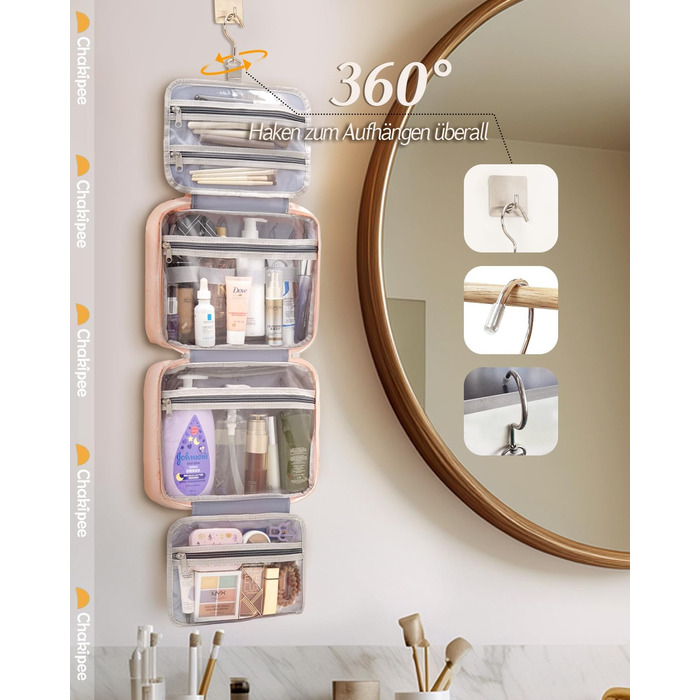 Чоловіча/Жіноча дорожня косметичка для підвішування – водовідштовхувальна, з прозорим вікном, рожевого кольору, середнього розміру (30x23x10 см)