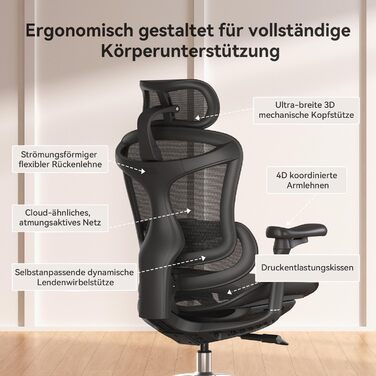SIHOO Doro C300: Ергономічне крісло для офісу з м'якими 3D підлокітниками та регульованою спинкою (Чорний)
