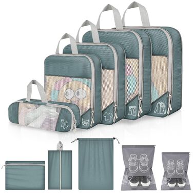 Органайзер для валізи, 9 шт. Комплект компресійних пакувальних кубів з чохлом для взуття, водонепроникні та дихаючі, сірі