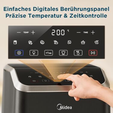 Аерофритюрниця Midea 5 л з технологією HeatXpress, 90% менше олії, енерго- та часозбереження, 7 програм, оглядове вікно з підсвіткою, антипригарне покриття, чорна