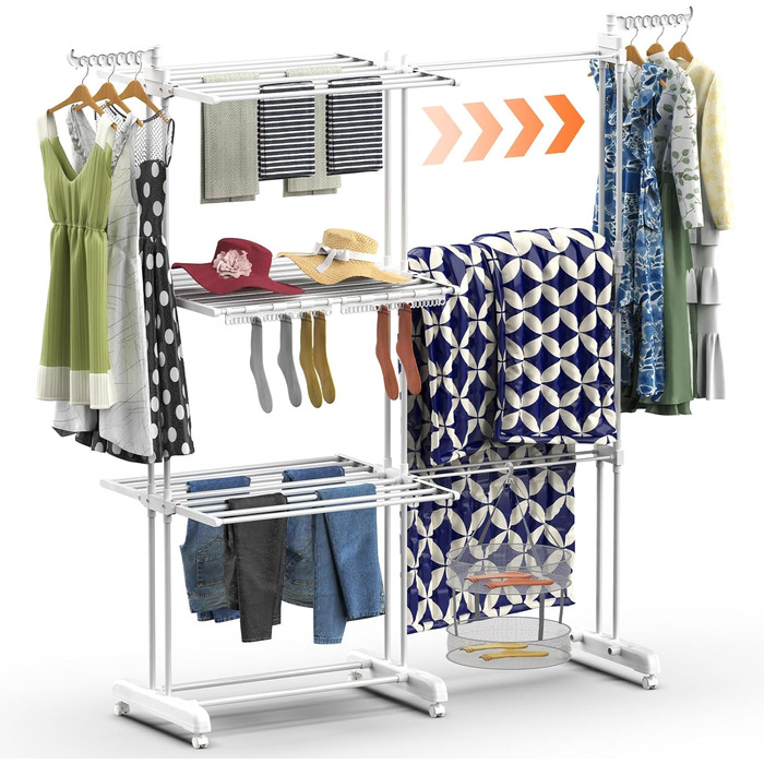 Сушарка для білизни Huracan 2в1: тур, розкладна, висувна, 3 яруси, з тримачами для шкарпеток та білизни (біла)