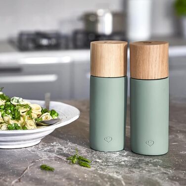 Набір з 2 мельниць для спецій SPRINGLANE: сіль та перець, з буку та бетону, регульований млин з кераміки, скандинавський дизайн (м'ятний)