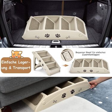 Сходинка для тварин GYMAX з 4 сходинками, розкладні сходи для собак і котів з антиковзкими підкладками, 4 килимки та трикутна структура (Бежевий)