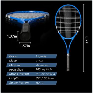 Beginner Tennis Racquet Set for 2 Players - Pre-Strung 27 Inch Adult Racquets with Balls, Overgrips & Carry Bag