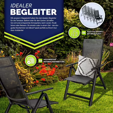tillvex Premium Garden Chair 1 Piece Folding Aluminum | High Back with Armrests | Adjustable Folding Chair | Folding Armchair Balcony Garden Terrace 1 Piece (Black, 2 Pieces)