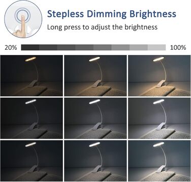 LED лампа для читання з кліпсою, USB, 9 світлодіодів, 3 режими температури кольору (теплий/холодний/природний), регульована яскравість, 1.8W, для читання в ліжку, комп'ютер