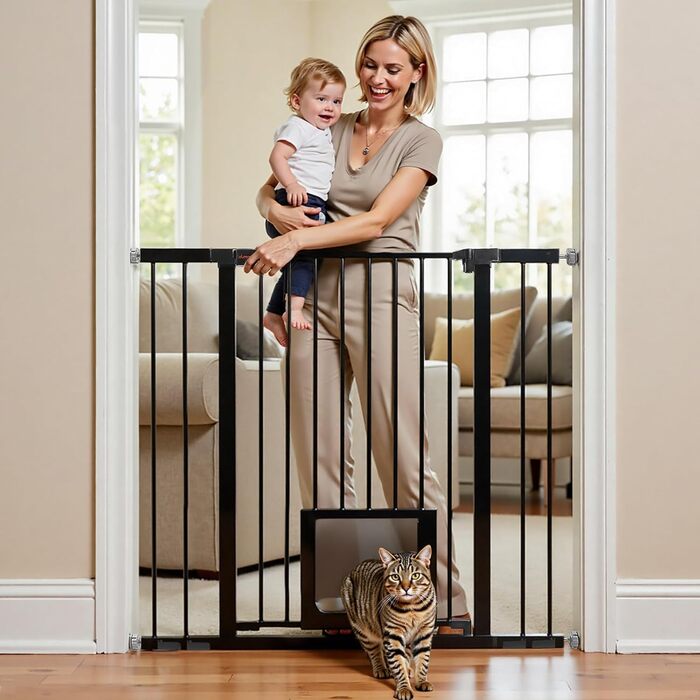 Дитячий захисний бар'єр UBRAVOO для дверей та сходів, 100 см, безпечний, автоматичне закриття, потрійна защіпка, ширина 76-104 см, чорно-білий