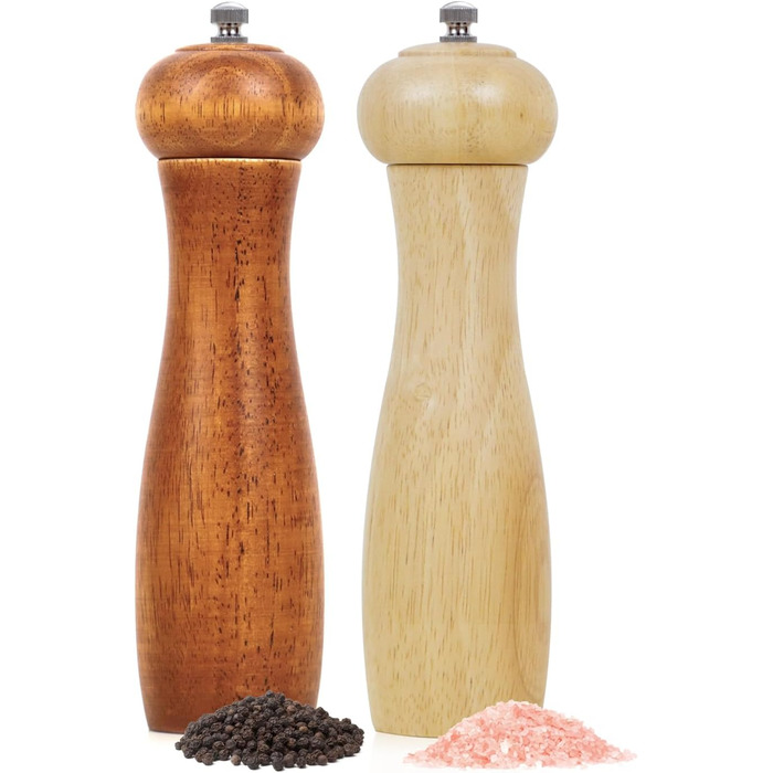 Дерев'яні соляні та перечні млини, 20 см, регульована ступінь помелу, ручні, з дуба, для кухні - набір 2 шт.