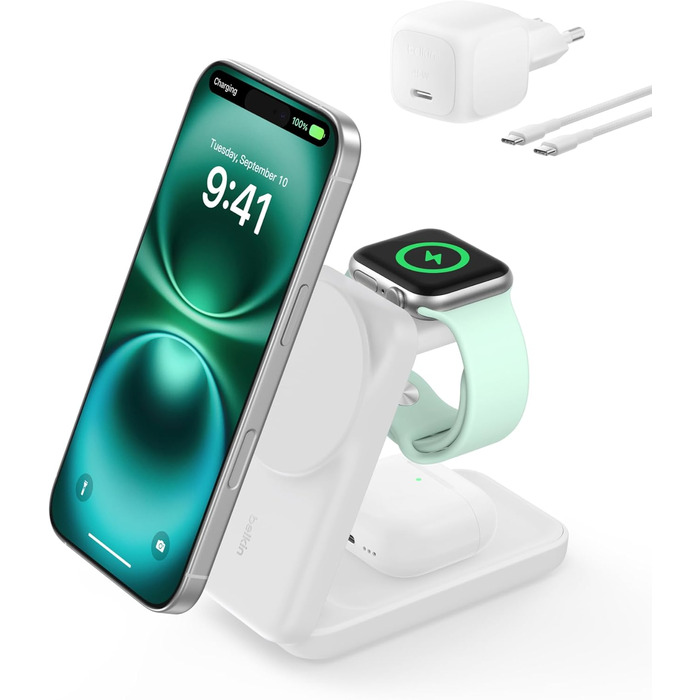 Зарядна станція Belkin UltraCharge 3 в 1 з Qi2.2, 25W, сумісна з MagSafe, для iPhone, Apple Watch, AirPods, Pixel, з адаптером 45W