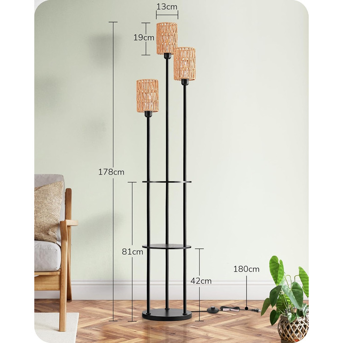Стійка лампа EDISHINE для вітальні з трьома плафонами, вінтажний стиль, полиця, абажур з ротангу, 3 x E27, з лампочками, бохо-стиль, з вимикачем на ніжці, 178 см, чорний