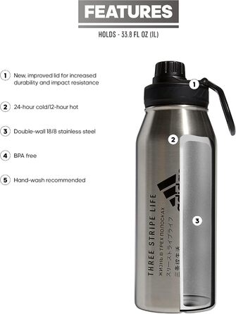 adidas Metal Water Bottle, Stainless Steel, Insulated, Leak-Proof, Durable, Sports Water Bottle, Stainless Steel/Black/2, 32 Ounces