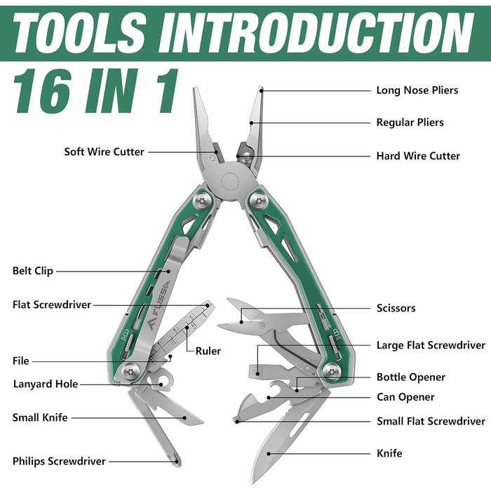 Мультитул FLISSA 16-в-1: мультиінструмент з нержавіючої сталі з ножем, ножицями, пилкою, відкривачкою для пляшок. Ідеально для кемпінгу, відпочинку на природі та ремонту. У комплекті сумка. Матовий зелений.
