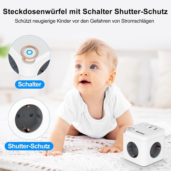 Мережевий концентратор з 4 USB-портами, настінний, 4 розетки, захист від перенапруги, 2 USB-C розетки, вимикач, 4000W, 16A, білий