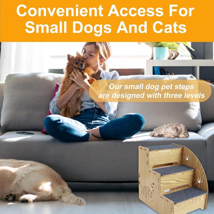 Сходинка для котів та собак з натурального дерева, 3 сходинки, 35 см, стабільна та неслизька