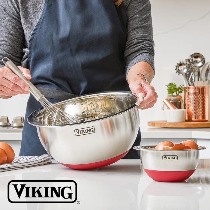 Набір місок для перемішування Viking Culinary з нержавіючої сталі, 10 шт., з неслизьким силіконовим дном, кришки, придатні для миття в посудомийній машині, червоний