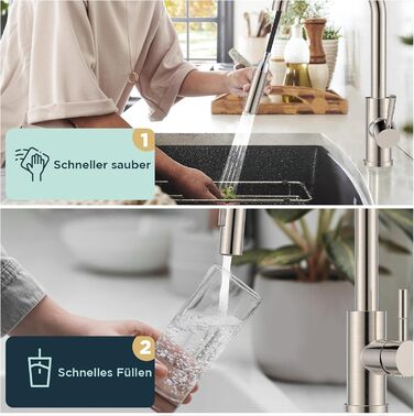 Змішувач кухонний FORIOUS чорного кольору з висувною лійкою, поворотний на 360°, нержавіюча сталь