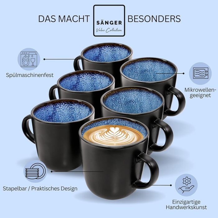 Набір кавових чашок Sänger Aruba, 6 шт., 430 мл, кераміка, блакитні з чорним обідком, для кави та чаю, миючі в посудомийній машині, для мікрохвильової печі