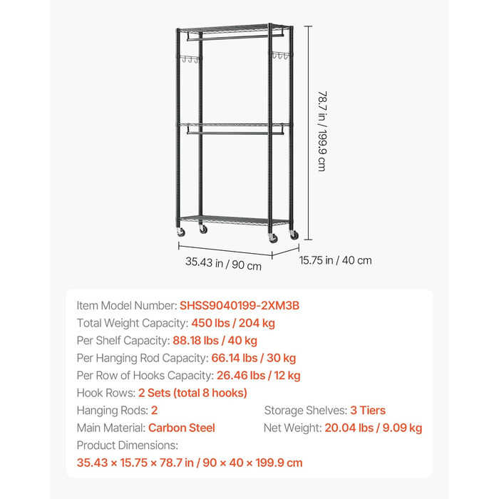 Вешалка для одягу VEVOR з 4 перекладинами, 8 гачками та 385,5 кг вантажопідйомністю, відкрита шафа для одягу, 3 полиці